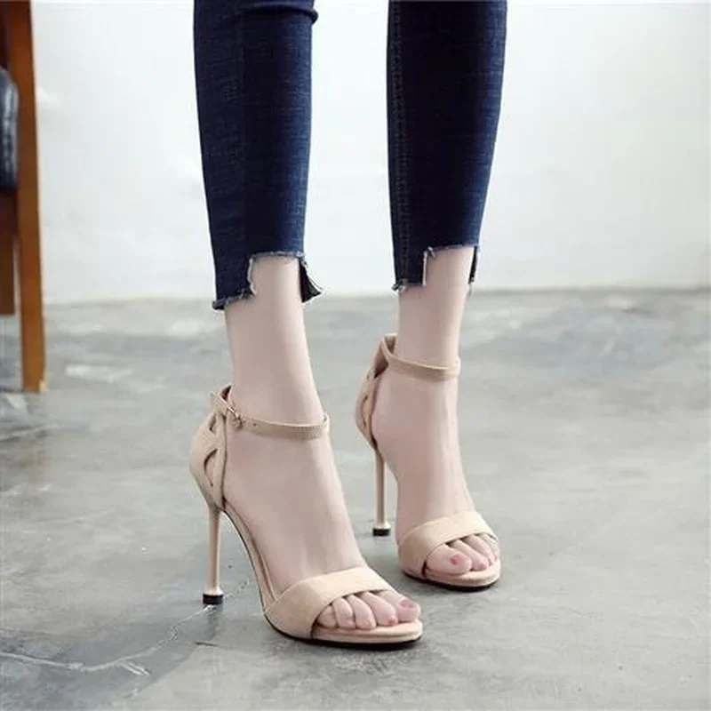 Summer 2024 Buckles High Heels One Word Sexy Open Toe Ladies Shoes Footwear Sandals for Women Thin Apricot Comfort Luxury Trend