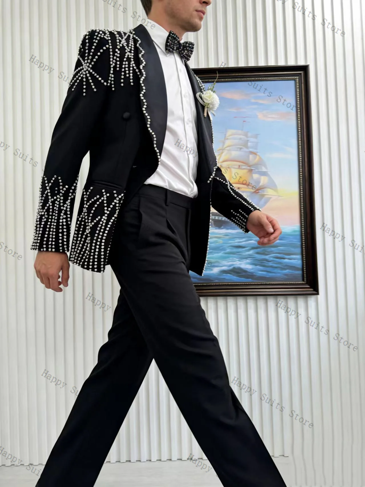 

Stone Crystals Black Men Suit Set 2 Pcs Groom Blazer+Pants Trousers Formal Office Coat Wedding Tuxedo Customized Jacket Outfit