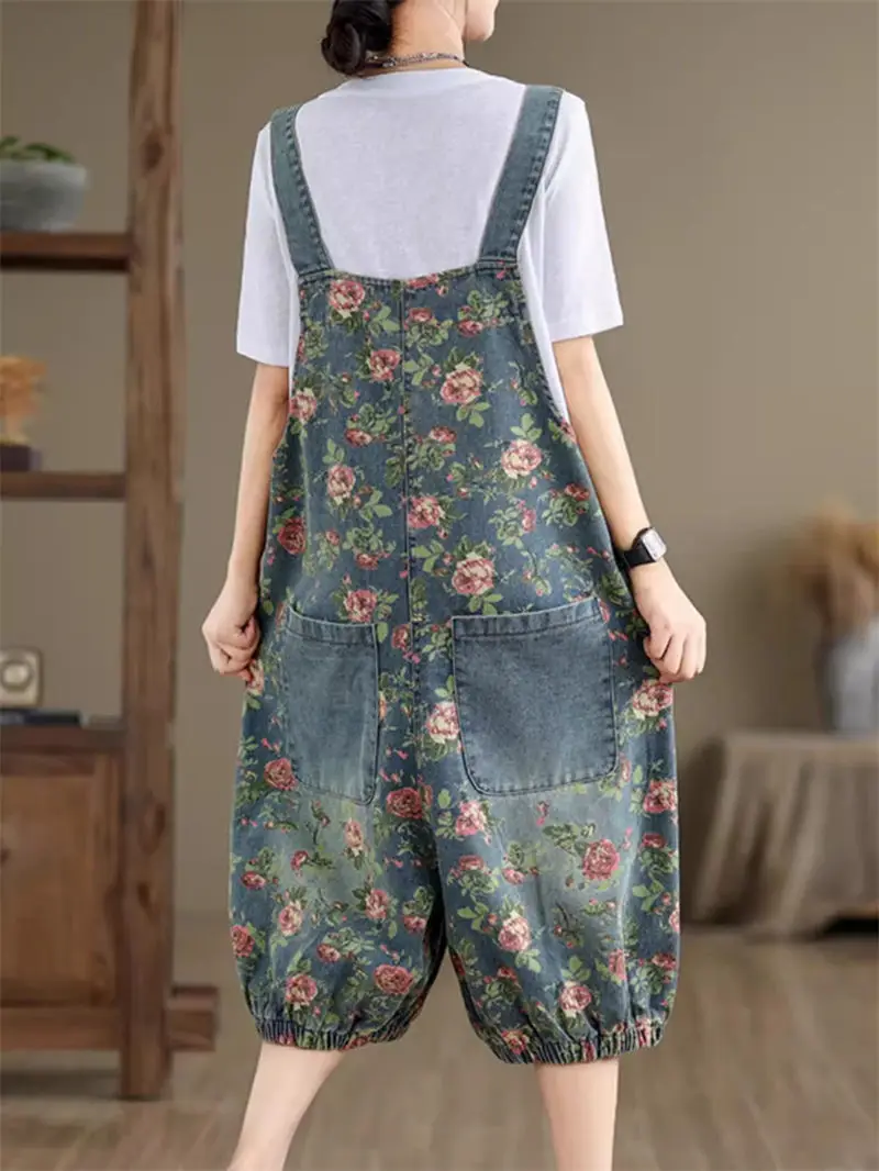 Jumpsuit Vintage motif, celana Jeans tali serbaguna kasual longgar musim panas 2024, temperamen Korea untuk wanita