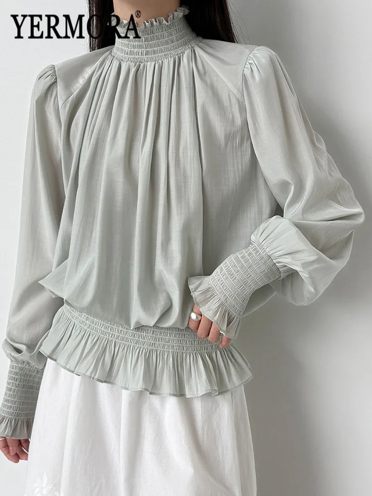 

YERMORA Новая модная свободная блузка большого размера с плиссировкой, зеленого цвета, с воротником-стойкой и длинными рукавами, для женщин, весна-осень 2026