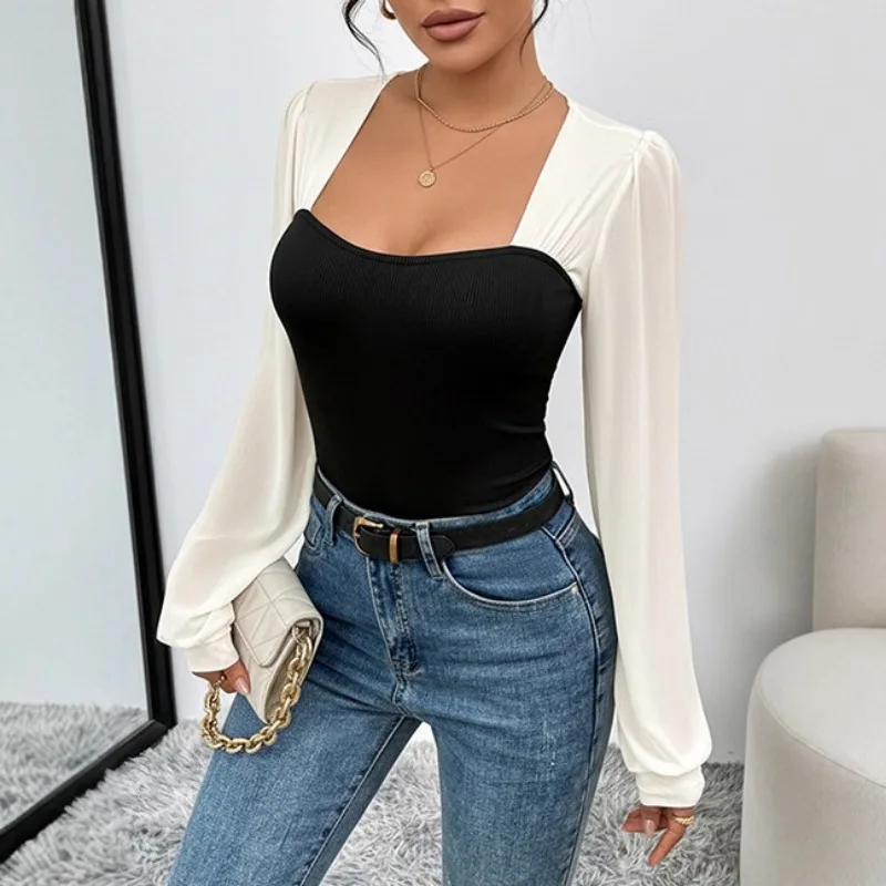 

Patchwork Knitted Long-sleeved Autumn Slim Fit Contrasting Elegant Square Neck Jumpsuit