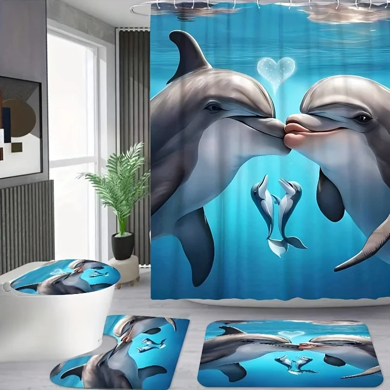 Dance Love Bathroom Set: Includes 12 Free Hooks, Machine Washable, Anti-Fade, Dolphin Theme, Oceanic Curtain, Po