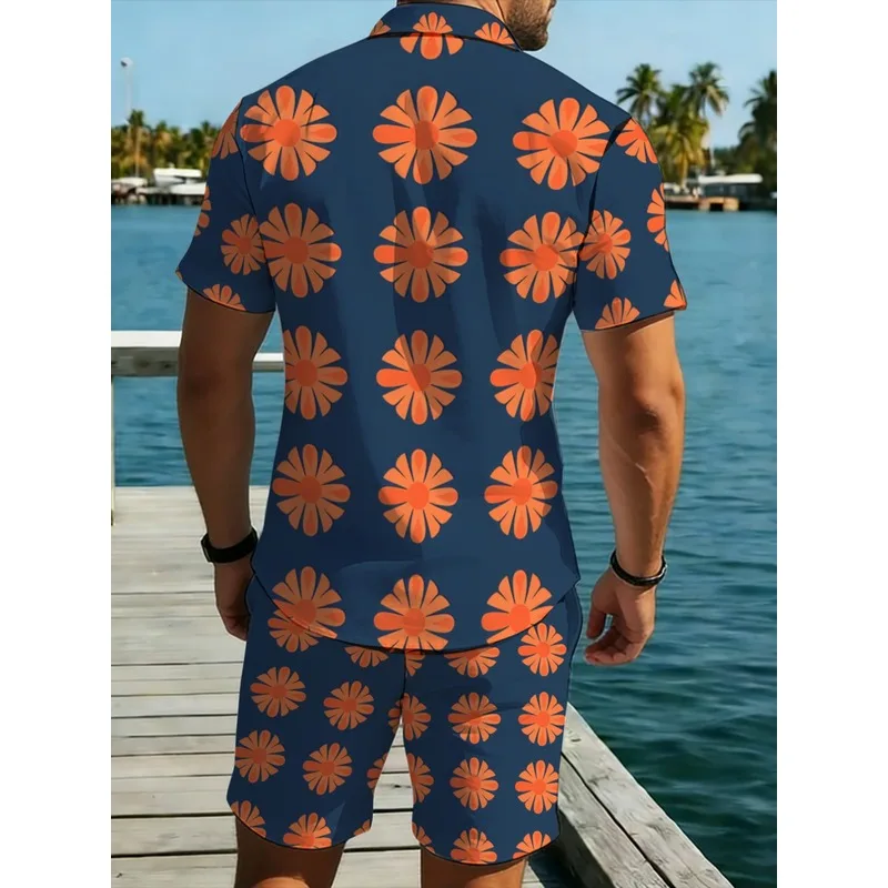 men's short sleeve shirt and shorts set navy blue orange floral print lightweight polyester perfect for casual outdoor activitie