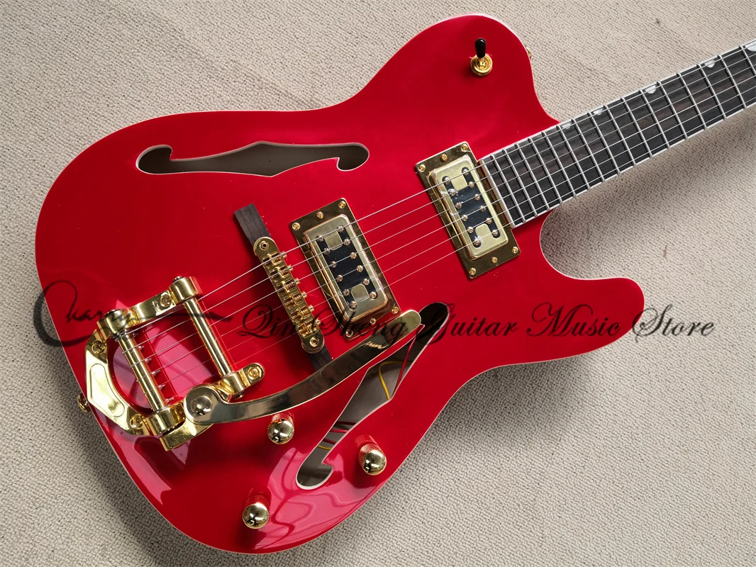 Red Electric Guitar, Tel Guitar, Hollow Guitar, Golden Tremolo Rocker, Fixed Bridge,Rosewood Fingerboard