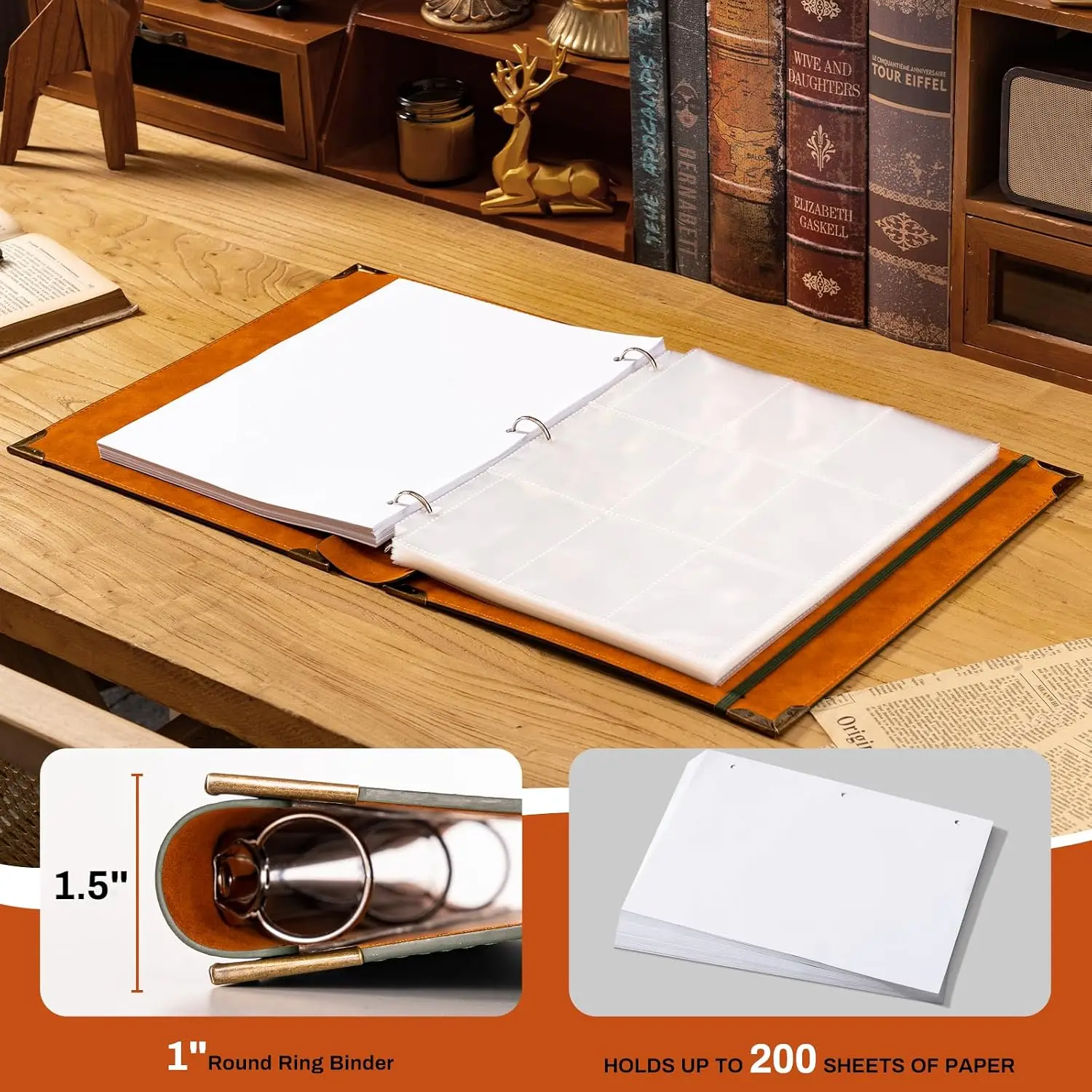 Leather 3 Ring Binder 8.5x11 Letter Size 1 Inch Round Holds 200 Sheets Notepad Cover Organizer Brown Tree