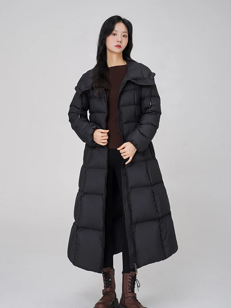 Luxury Women\'s X-long don jacket Slim Black 2024 Winter Warm Hooded 90% white goose down coat Lady outwear Elegant INKEO DJ064