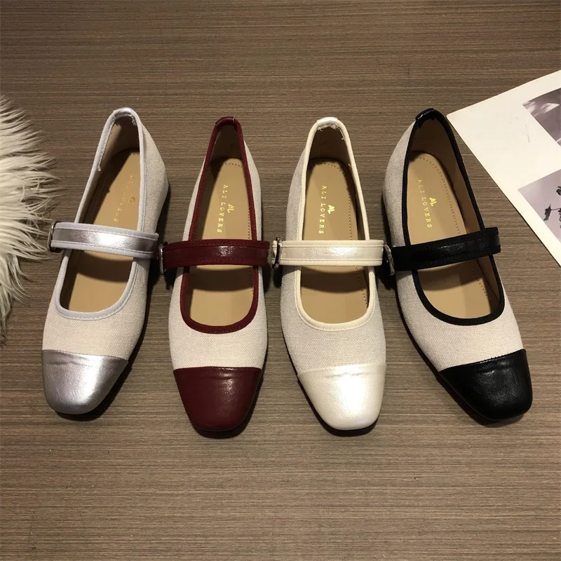 バレリーナシューズ-女性用-2026-カジュアル-スクエアトゥ-韓国風シューズ-フラットシューズ-メタルチェーン-バレエシューズ-モディス-新作-ドレスシューズ-夏-バックル-レース