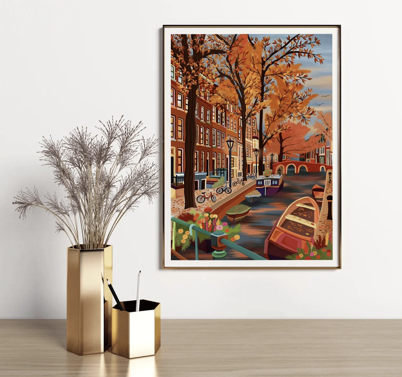 Fall Amsterdam Canal Street Wall Art Canvas Prints Decor, Dutch Autumn City Poster for Bedroom Living Room Dining Room
