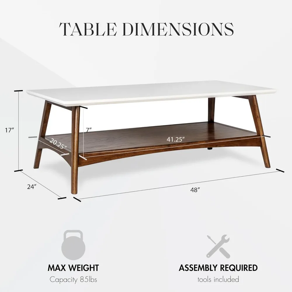 Rectangular Wood Coffee Table With Solid Wood Frame & Legs, Living Room Coffee Tables With Storage Shelf, Accent Furniture For