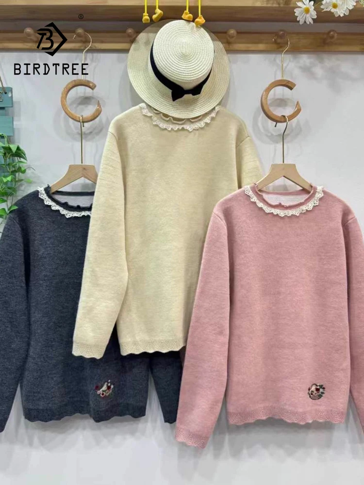 

New 2025 Winter Cotton Blending Sweater, Women O Neck Embroidery Lace, Mori Girl Age Reduction Loose Pullover Sweater T5D350CC