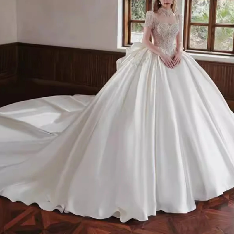 Real Foto Luxe Prinses Vrouwen Trouwjurken Korte Mouw Hoge Hals Kralen Strik Baljurk Bruidsjurk Vestido De Casament