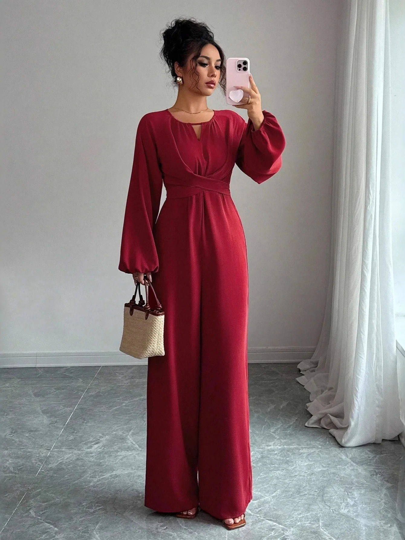 

Elegant Pure Color Long Sleeve Lantern Sleeve Wide Leg Jumpsuit for Women