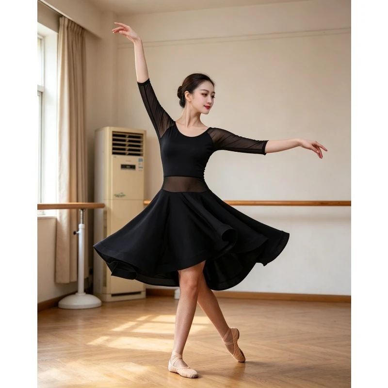 

Sexy Latin Dance Dress Women Mesh Patchwork Flowy Skirt Tango Rumba Competition Performance Wear Stage Performance Practice