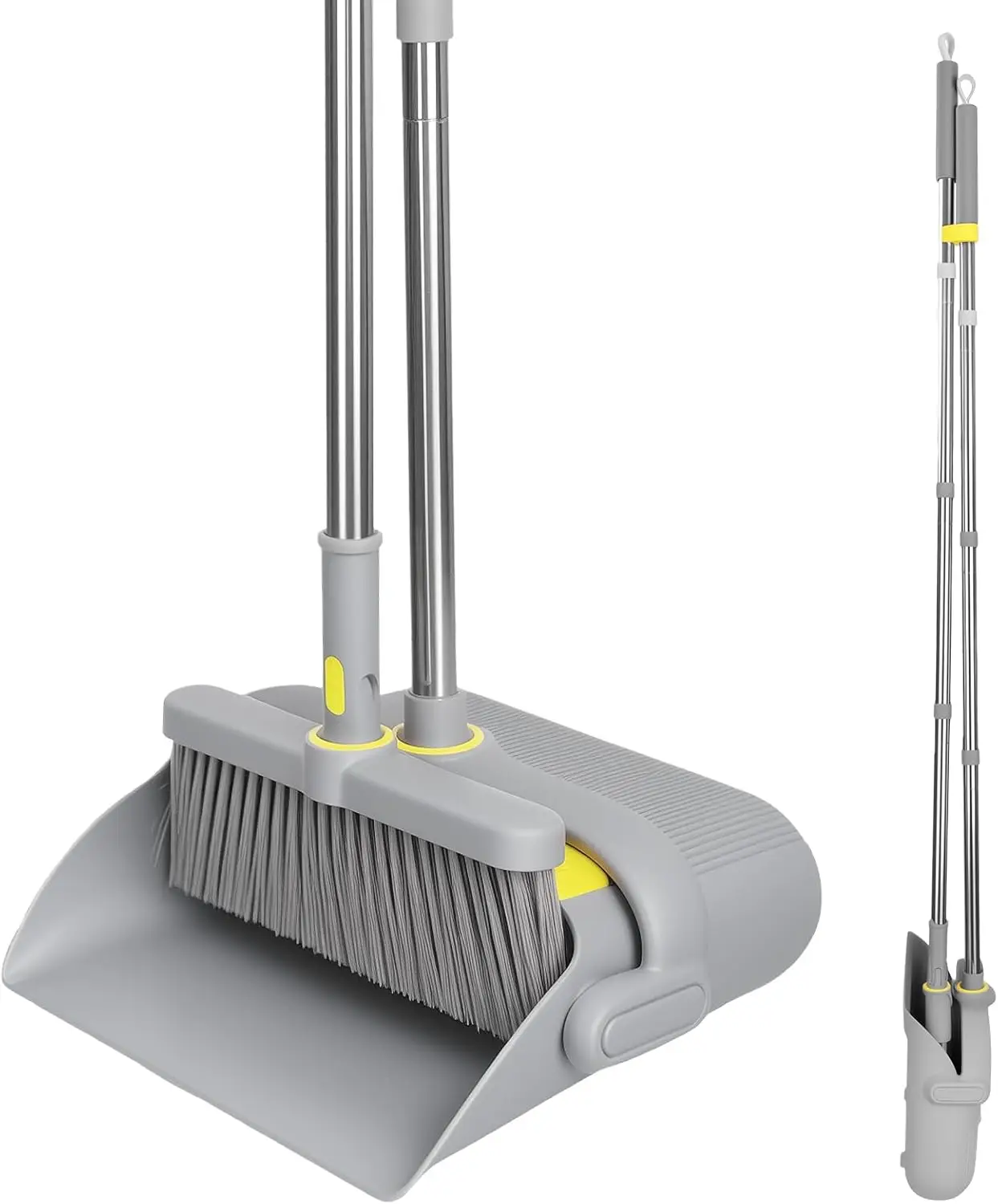 

Улучшенный набор метлы и совка 180 ° Пылесборник с вращающейся головкой, сверхдлинной регулируемой ручкой 61 дюйм, самоочищающимися зубцами и технологией Zero Gap