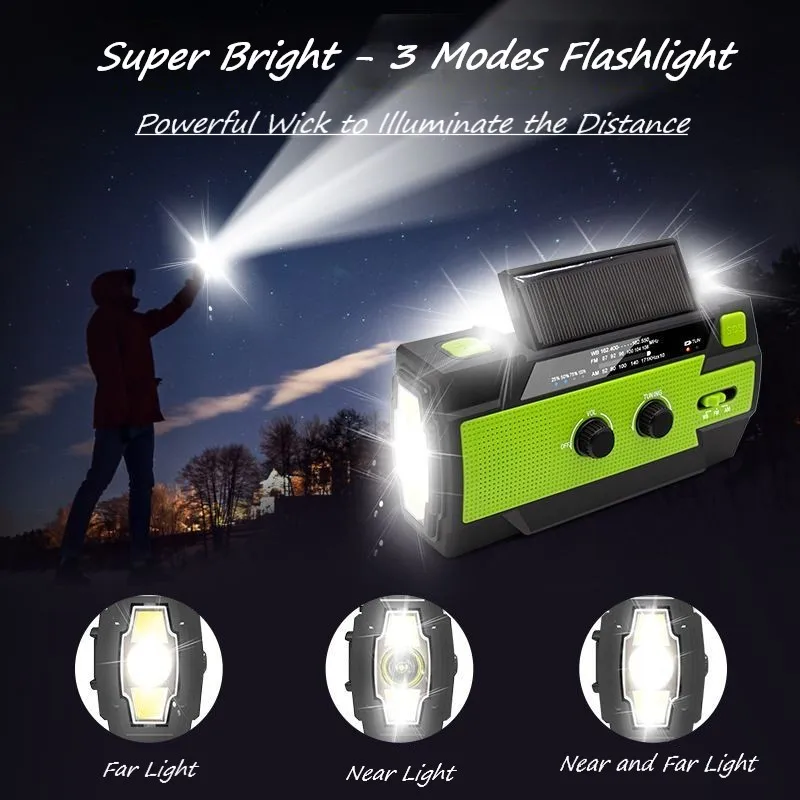 Emergency Weather Radio 4000mAh Solar Hand Crank Portable AM/FM/NOAA with 1W 3 Mode Flashlight & Motion Sensor Reading Lamp SOS