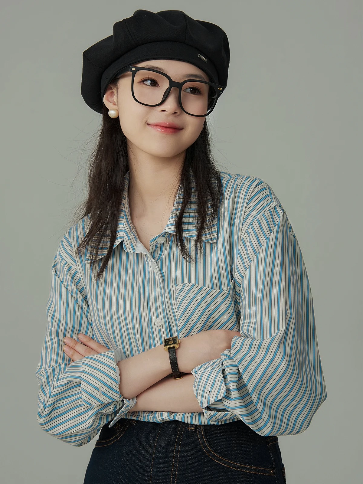 

JACOOBS Grey Blue Apricot Striped Long Sleeve Women's Shirt Spring Autumn Layering Lazy Style Korean System Top