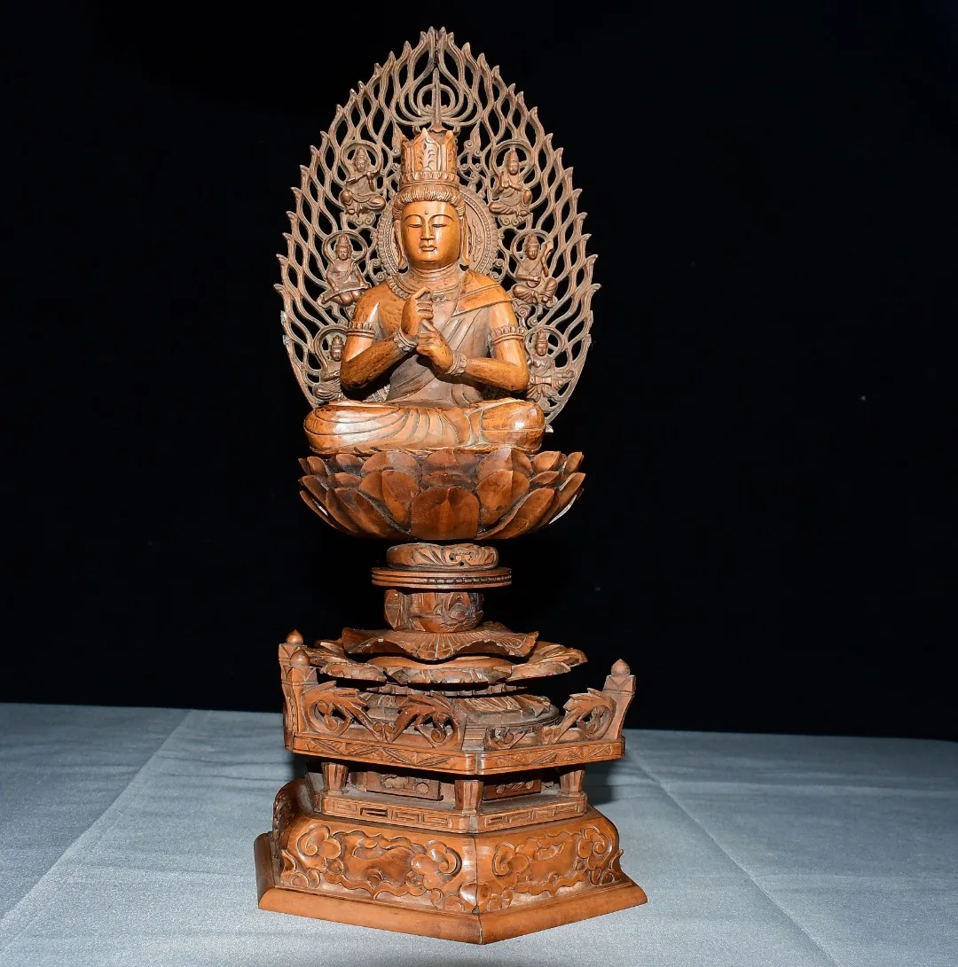 Old Boxwood backlight Lotus Buddha Terrace Four armed Guanyin Sitting Buddha screen Wenfang Amass wealth Ornaments