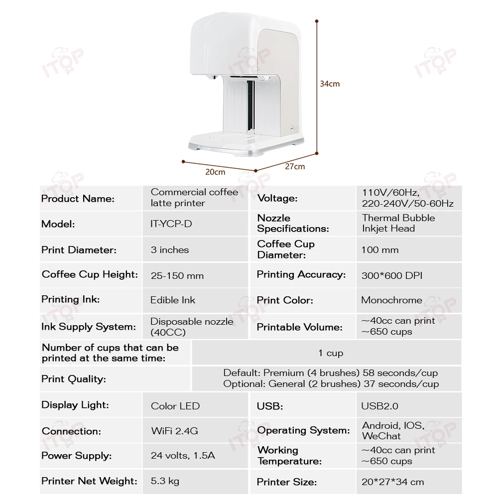 Itop YCP-D kaffee latte drucker kaffee drucker muster drucker lebensmittel oberflächen drucker karamell essbare tinte wifi hochladen 110v 220-240v