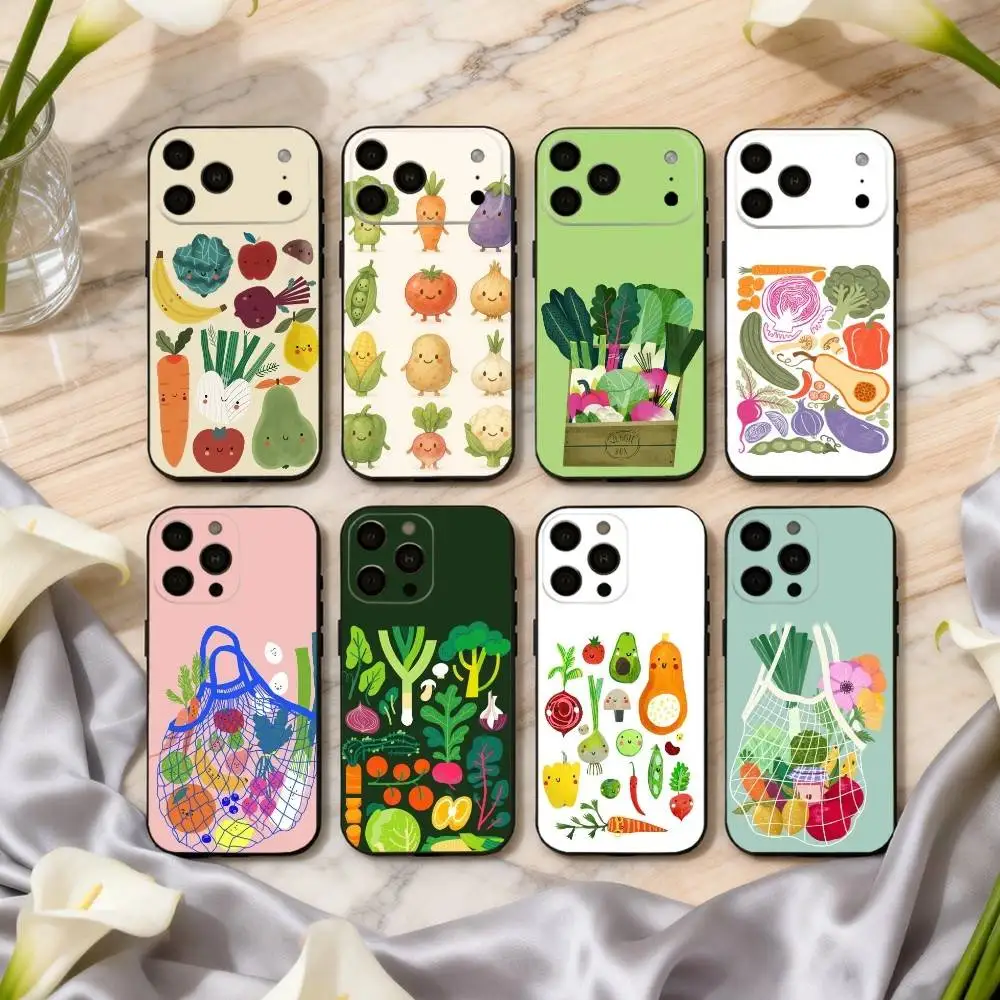 

INS CUTE Organic Vegetable Phone Case For iPhone 17,16,15,14,13,12,11 Plus,Pro Max,XS,Soft Silicone Black Cover
