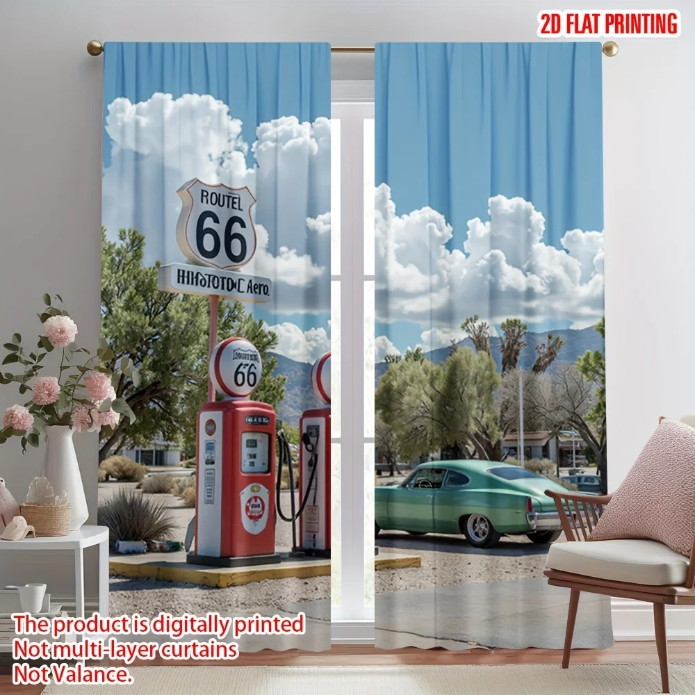 Retro Route 66 Americana Mural Curtain Blue Scenic Digital Print Vintage Landscape Window Drapes