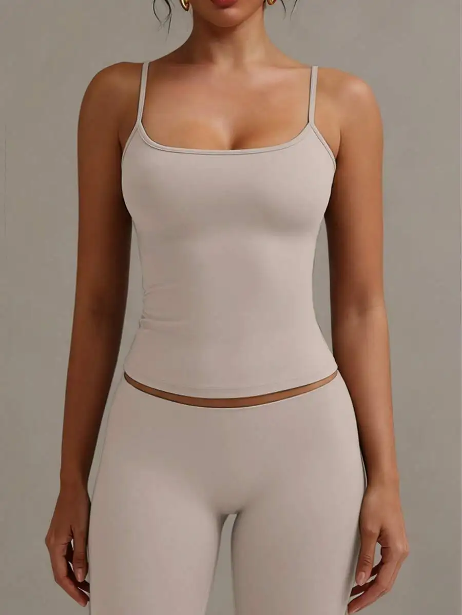 

Beige Square Neck Spaghetti Strap Camisole with High-Waisted Leggings Set