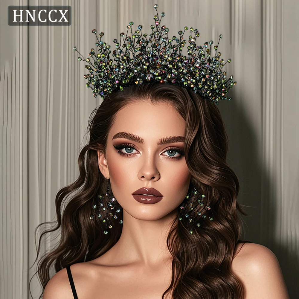 

HNCCX Dark Iridescent Rhinestone Bridal Crown Hair Accessories Handmade Wedding Headpiece Luxurious Gothic Party Tiara CP846