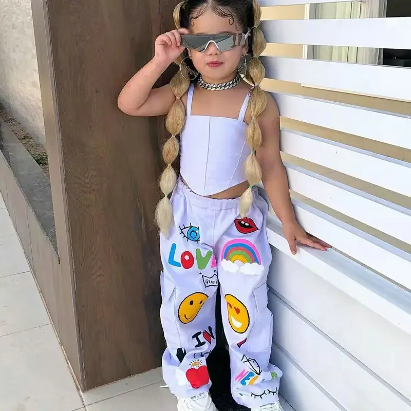 2024 Summer New Girls Fashion Solid Halter irregolare Top + Cartoon Print Pants 2 pezzi Set abbigliamento Casual per bambini età 1-8Y