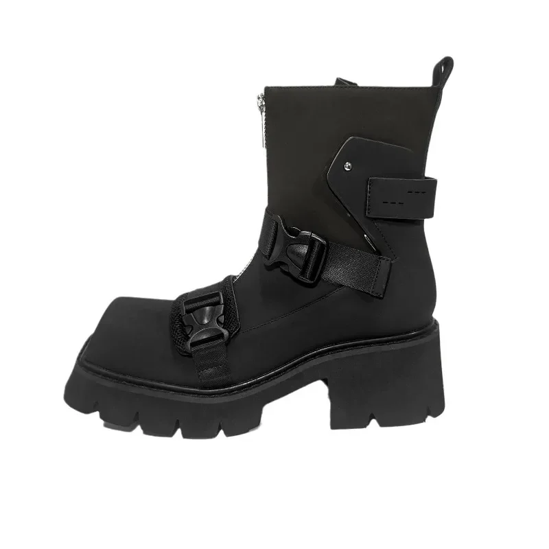 2025 النمط الأوروبي ساحة تو كعب سميك دراجة نارية أحذية النساء الجلود الجبهة زيبر حزام قصير مشبك موضة تشيلسي الأحذية #5