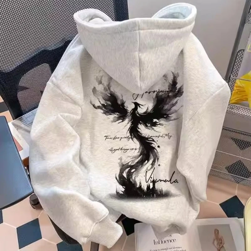 

plus Size Hoodie Sweatshirt Phoenix Print Fleece Lined Thickened Spring Autumn Unisex Jacket Casual Comfortable Anti-Wrinkle