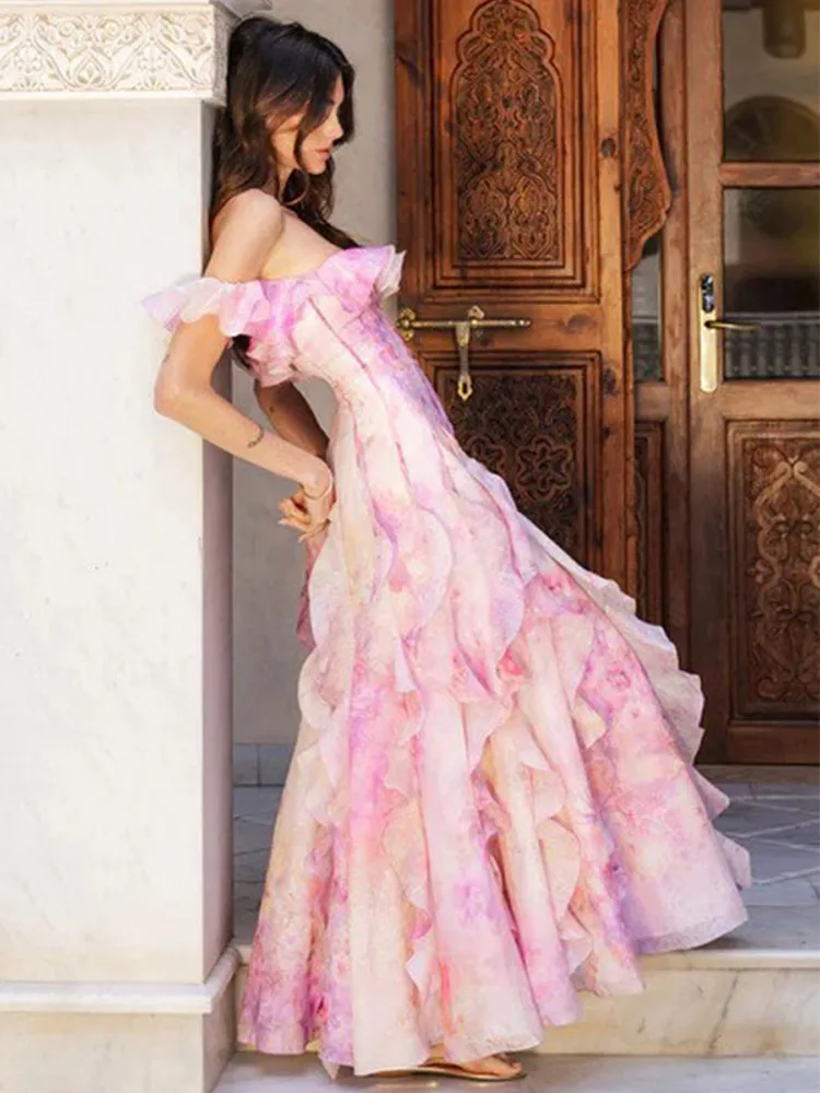Elegante em camadas babados impresso vestido feminino chique fora do ombro cintura cinched vestidos longos 2025 verão festa à noite clube vestidos