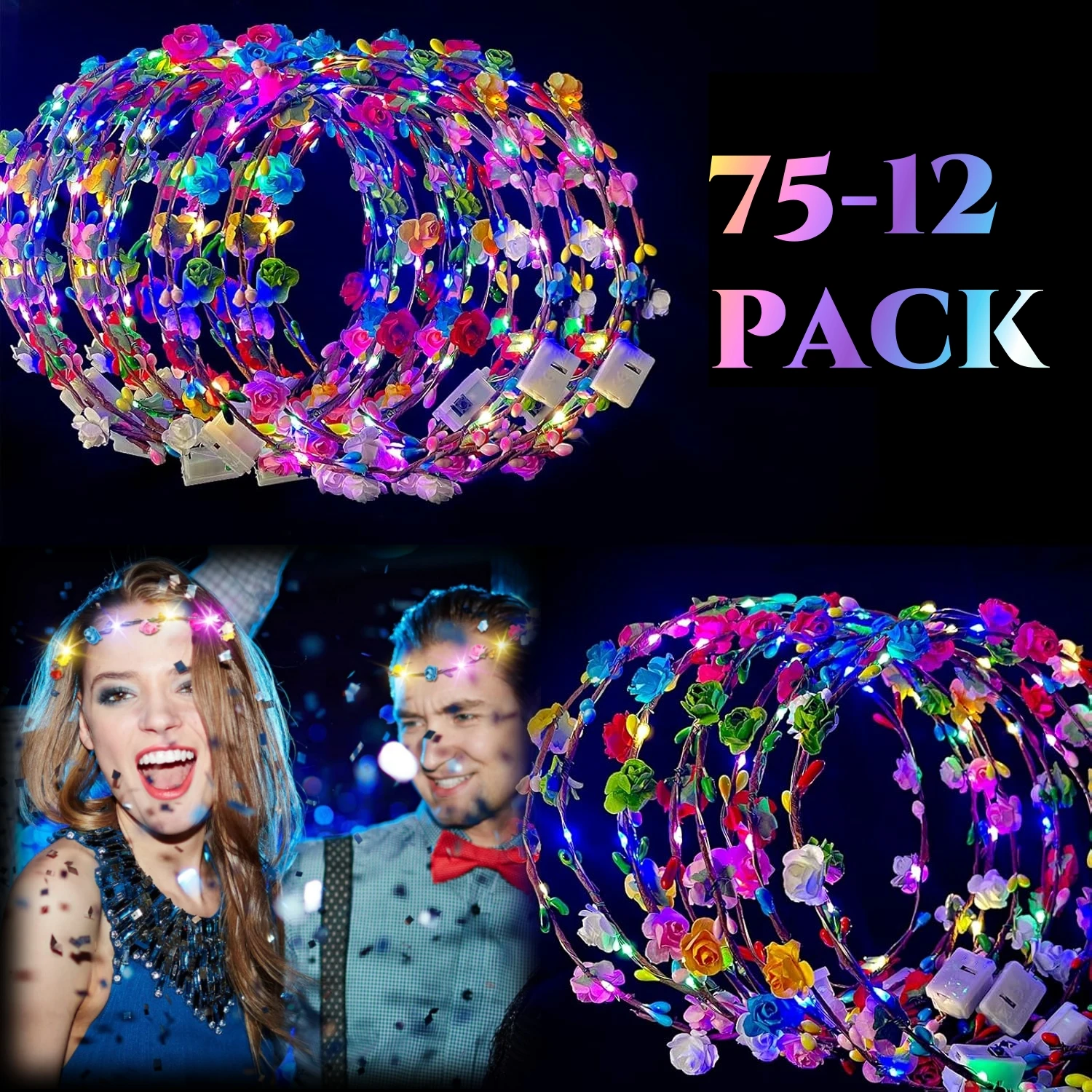 75-12Pcs LED Flower Headbands Glowing Flower Crowns LED Wreath Headband Flower Hair Accessories For Wedding Party Concert