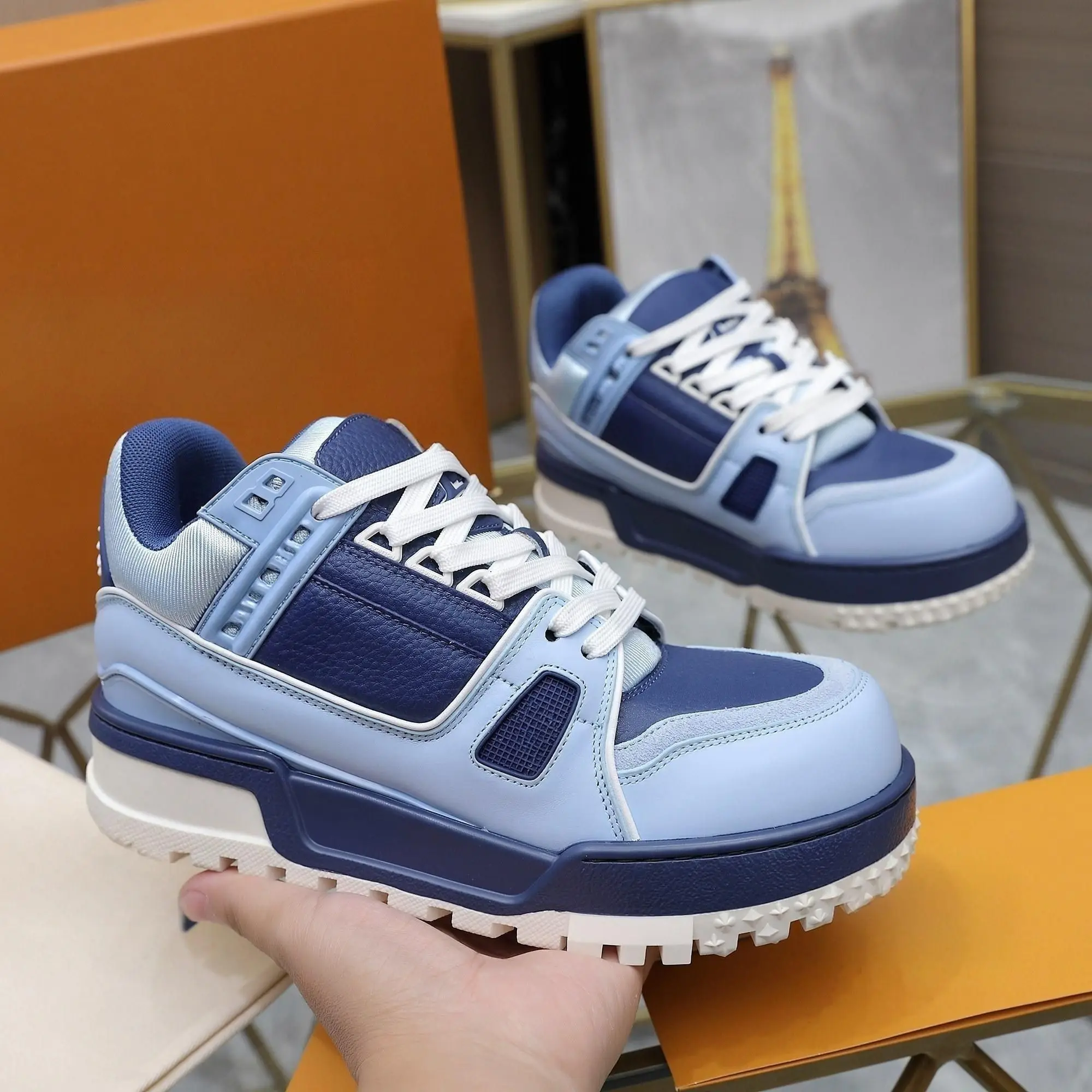 Unisex Two Tone Blue Skate Sneakers Faux Leather Splicing Lace Up Thick Rugged Sole Street Shoes