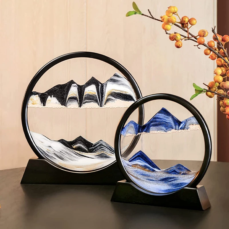 5/7/12inch Hourglass 3D Moving Sand Art Picture Deep Sea Sandscape Painting Flowing Sand Frame Rectangle Round Glass Home Decor