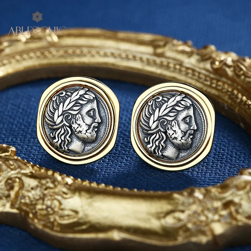 Ables Chic Zeus Greek Coins Solid 925 Silver Roman Coin Irregular Frame Stud Earrings E1004