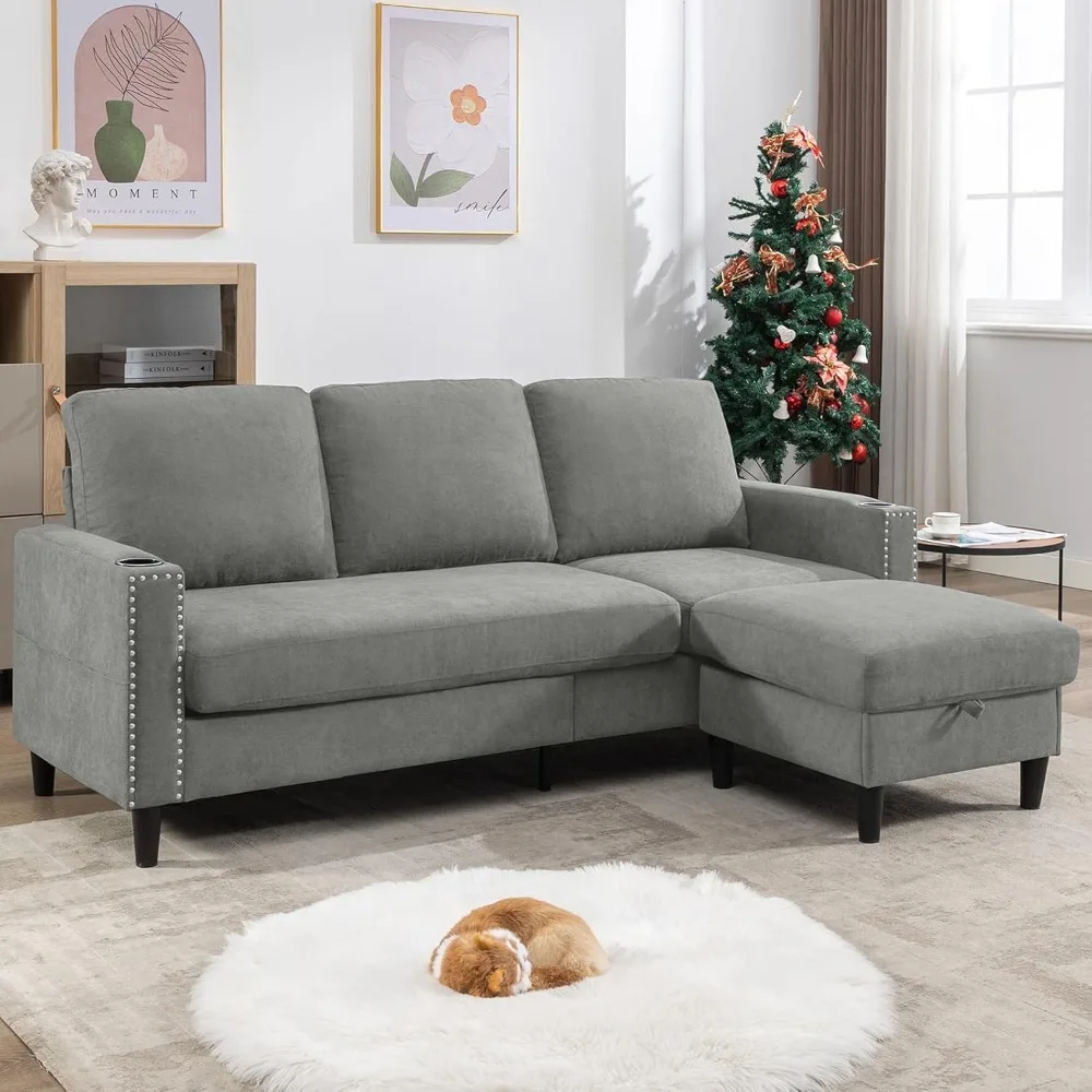 

Convertible Sectional Couch Sofa, 3 Seats Couches for Living Room, L-Shaped Couch with Storage Chaise and 2 Cup Holders