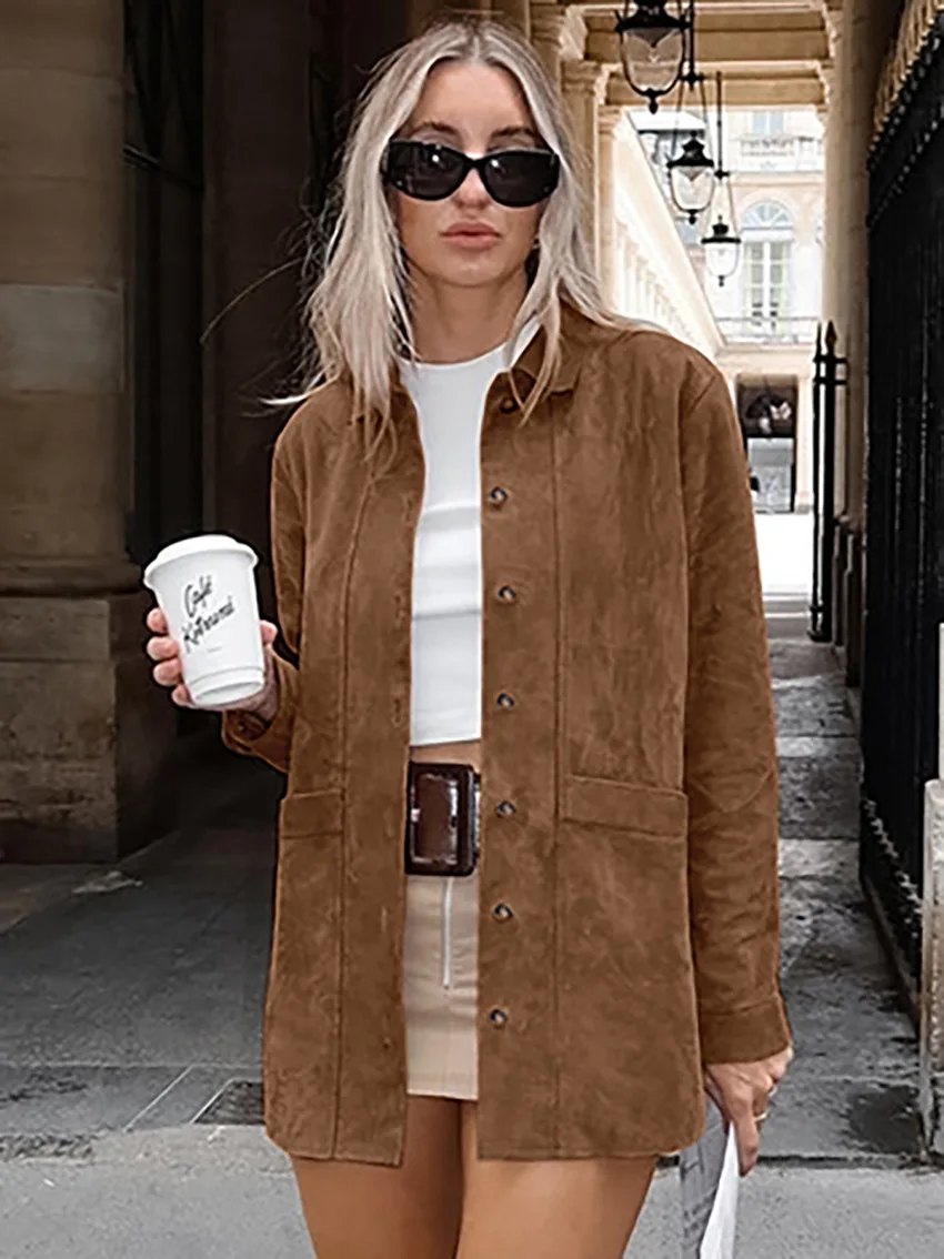 Casual Brown Lapel Pocket Suede Leather Jacket Woman 2024 Fashion Single Button Long Sleeve Coat Lady Autumn Street Outwear