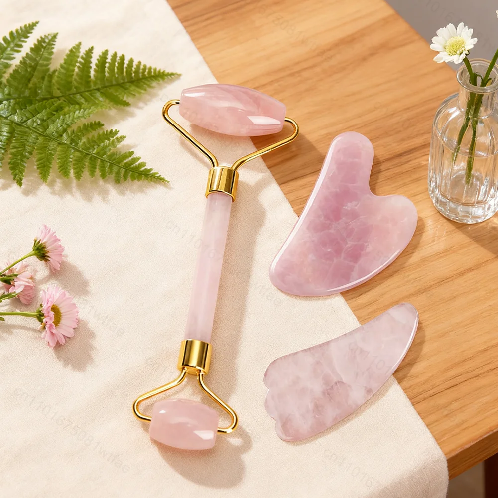 Juego de masajeador facial de cuarzo rosa, tabla de raspado con rodillo, adelgazamiento facial, belleza, piedra Natural Guasha, palo de masaje de doble punta