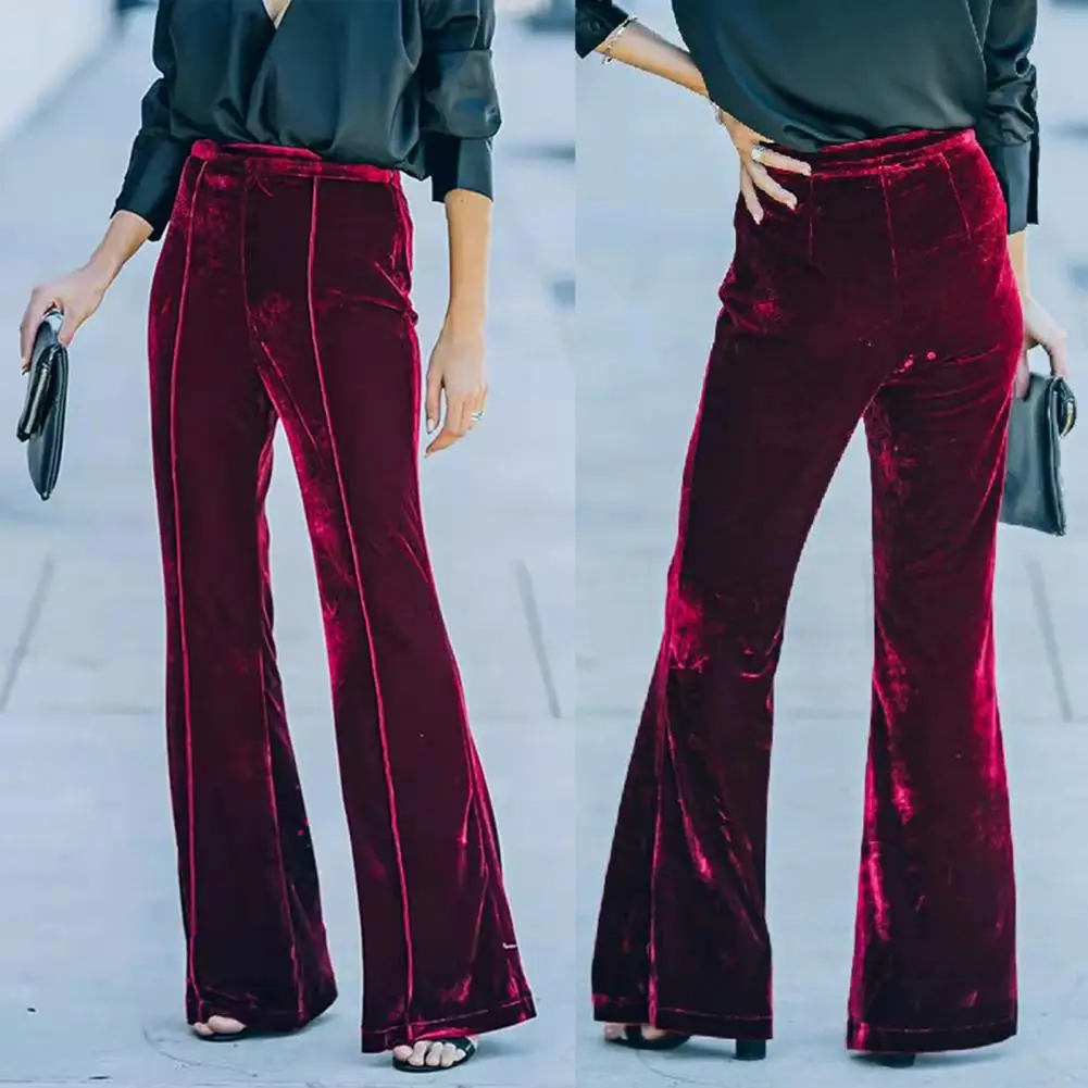 Flared Velvet Pants Wide-leg High-waisted Pants Elegant Golden Velvet Flared Pants for Women High Waist Wide Leg Trousers