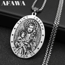 Saint Joseph Pray Us Pendant Necklace for Women Men Stainless Steel Silver Color Holy Family Catholic Chain Jewelry N2595-3S02