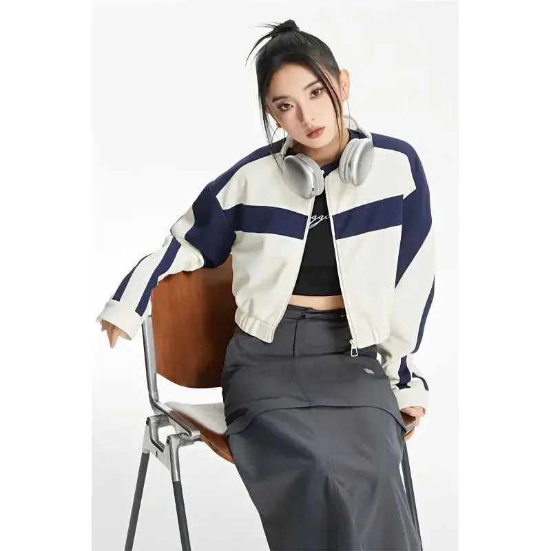 Women Cropped Bomber Jackets Vintage Y2k Korean Streetwear Retro Harajuku Preppy Style Aesthetic Patchwork Jackets Chic