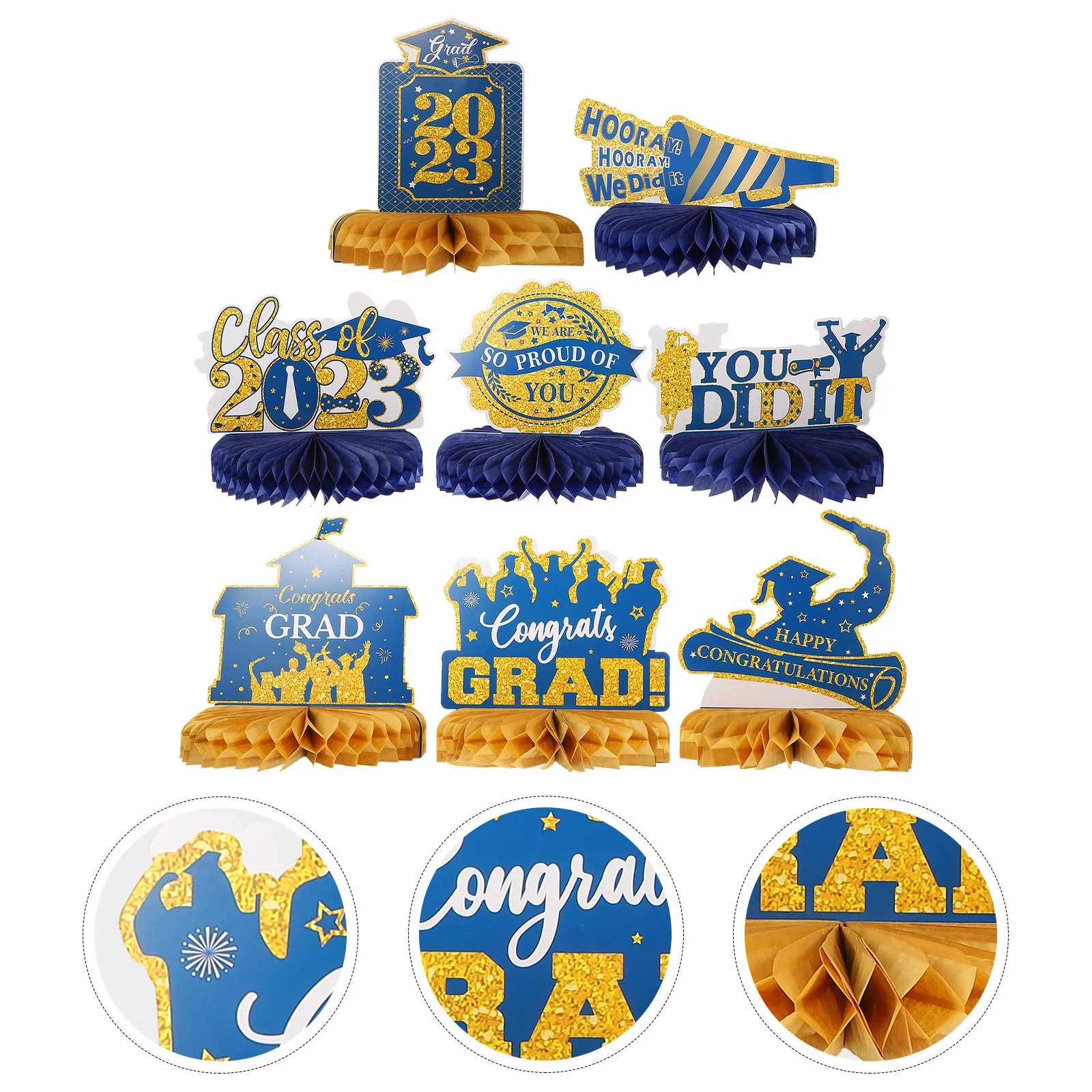 

8pcs Graduation Honeycomb Topper, Class Of 2023 Table Centerpiece Decor, Paper Party Layout Prop For Grad Event, Honeycomb Party