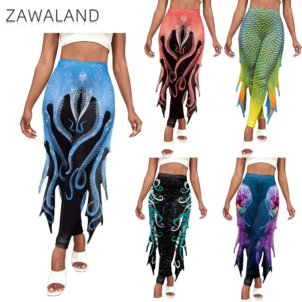 Zawaland Meerjungfrau Yoga Leggings Frauen Hohe Taille Hosen Farbe Fisch Skala 3D Gedruckt Kostüm Karneval Octopus Tentakel Leggings