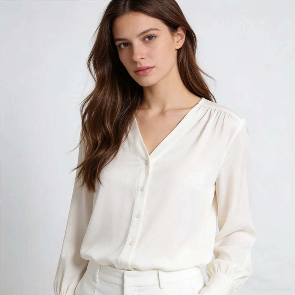 Women's Fashion Clothing Premium Feel 93% Natural Mulberry Silk Elastic Double Qiao Satin V-neck Long Sleeved Green Shirt