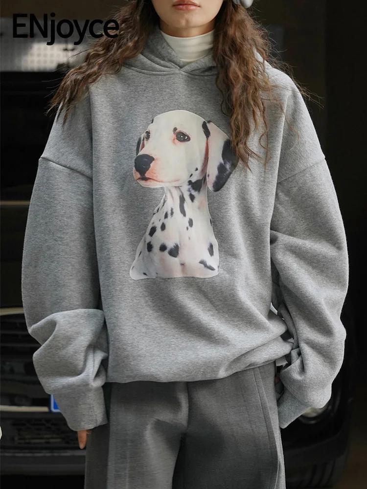 

ENjoyce 2023 Winter Women Dog Printed Inner Plush Hoodie Sweatshirts Korean Fashion Warm Hooded Jacket Loose Pullover Top