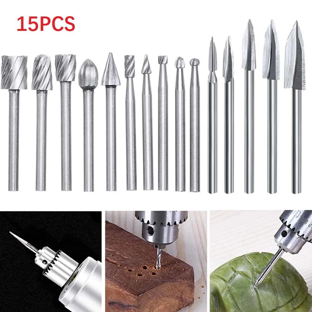 

15pcs Wood Carving Drill Bit Set 1/8 Shank HSS Engraving Rotary Tool For Power Tool Accessory In Stock Wholesale