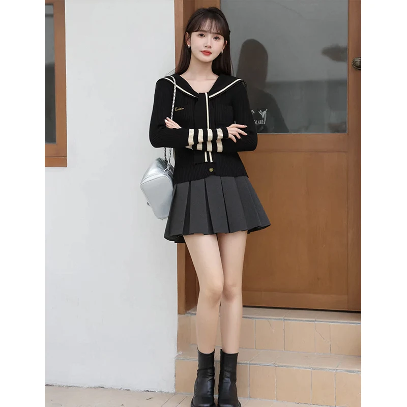 Cárdigan de punto con cuello marinero para mujer, ajustado, a rayas, moderno, conjunto de falda y top, estilo universitario, manga larga, otoño-invierno