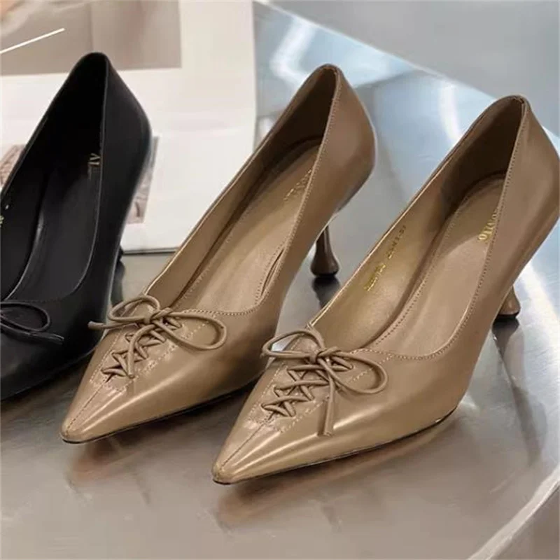 Butterfly-knot Shoes for Womens Pointed Toes Leather High Heels Sewing Lines Female Pumps Solid Tacones Shallow Zapatos Mujer