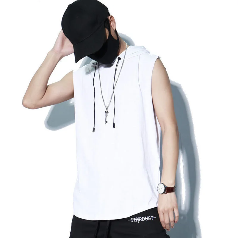

Summer Men's Sleeveless Vest Casual T-shirt Hoodie Fitness Muscle Hooded Vest T-shirt Polyester Breathable Hip-hop Pullover