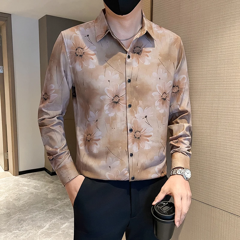 British Style Floral Print Long Sleeved Shirt for Men's Autumn Casual Social Shirt Slim Fit Slim Fit Streetwear Camisa Masculina