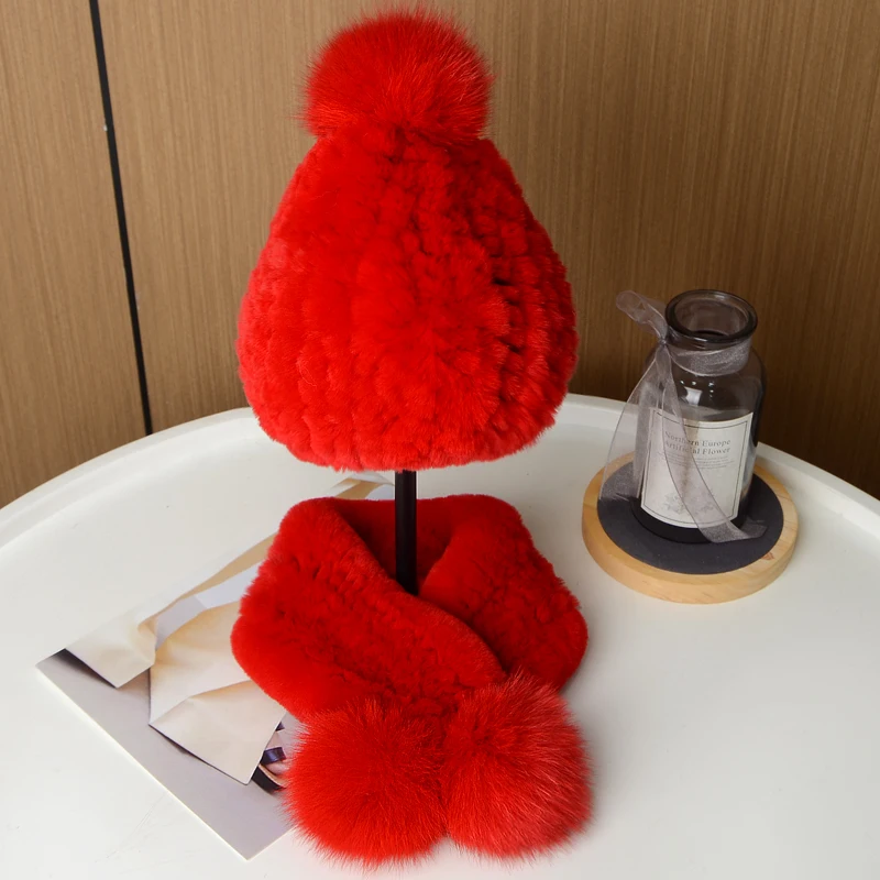 

Kids' True Rex Rabbit Knit Hats and Scarves Winter Thick Warm Stretch Hat with Fox Fur Balls Free Shipping